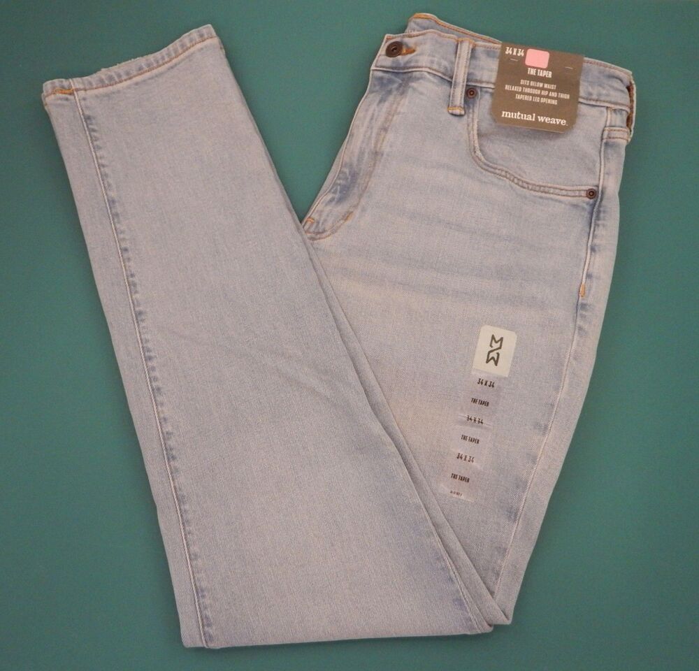 NWT Mutual Weave Jeans THE TAPER 34x34 Light Wash Distress Relaxed Hip & Thigh -